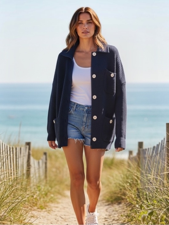 J. Jill Sweaters - J. Jill Women's Navy Ribbed Cardigan Sweater‎ Size L Button Up Coastal Nautical